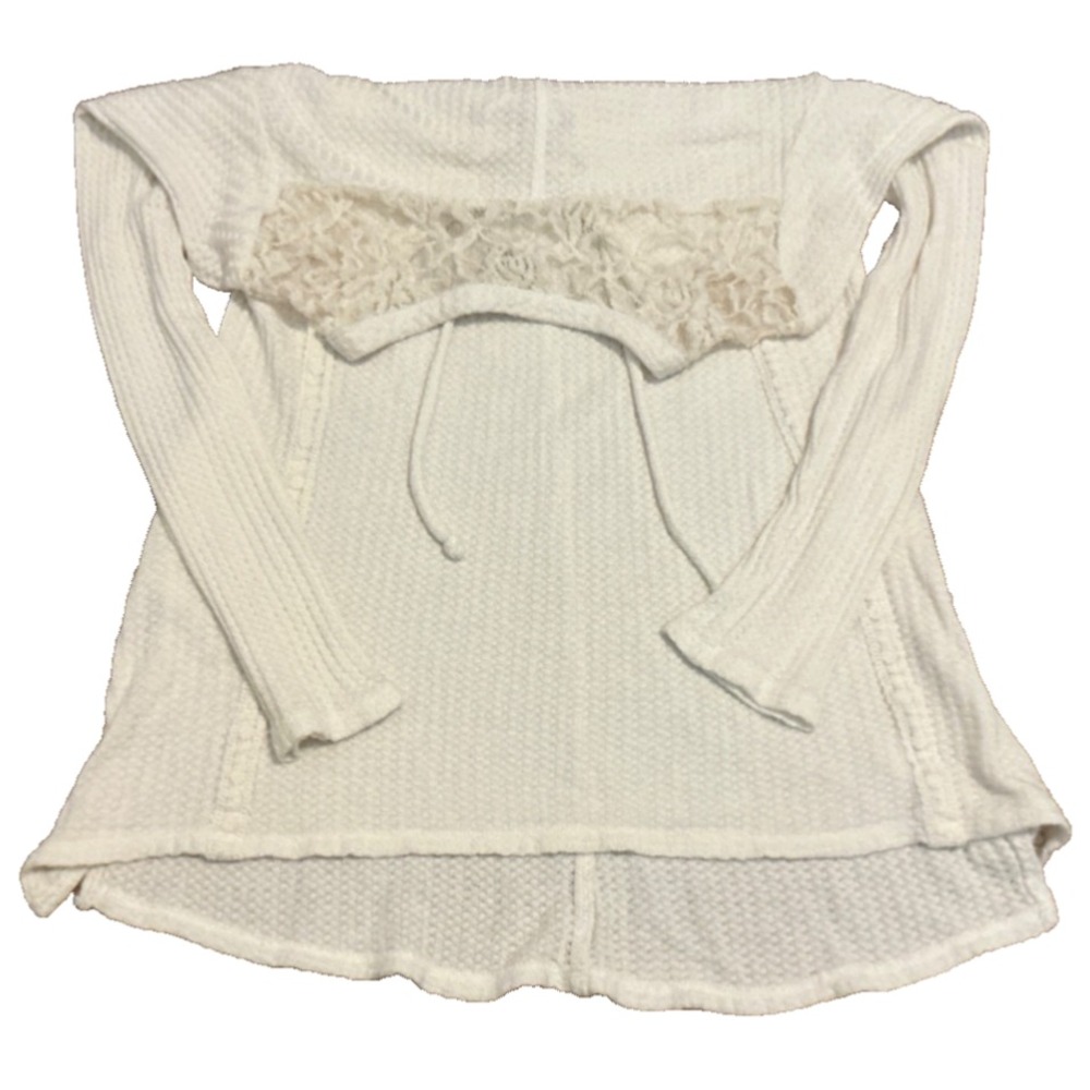 American Rag Crochet-Trim Lace-Up Waffle-Knit Top in Pale Cream, Size Small - Picture 3 of 6